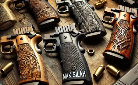 DALL·E 2025-03-08 13.38.45 - A new collection of custom gun grip designs featuring the text 'Mak Silah' prominently. The grips are crafted from various materials, including finely