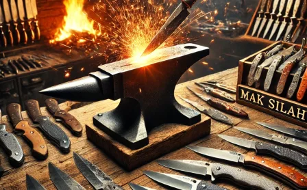 DALL·E 2025-03-08 14.26.00 - A high-quality knife-making workshop scene featuring a blacksmith forging a blade with glowing metal and sparks flying. Various finished knives and po