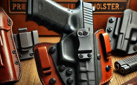 DALL·E 2025-03-08 14.37.16 - A high-quality promotional image for firearm holster sales. A variety of premium gun holsters made from leather, Kydex, and polymer are displayed on a